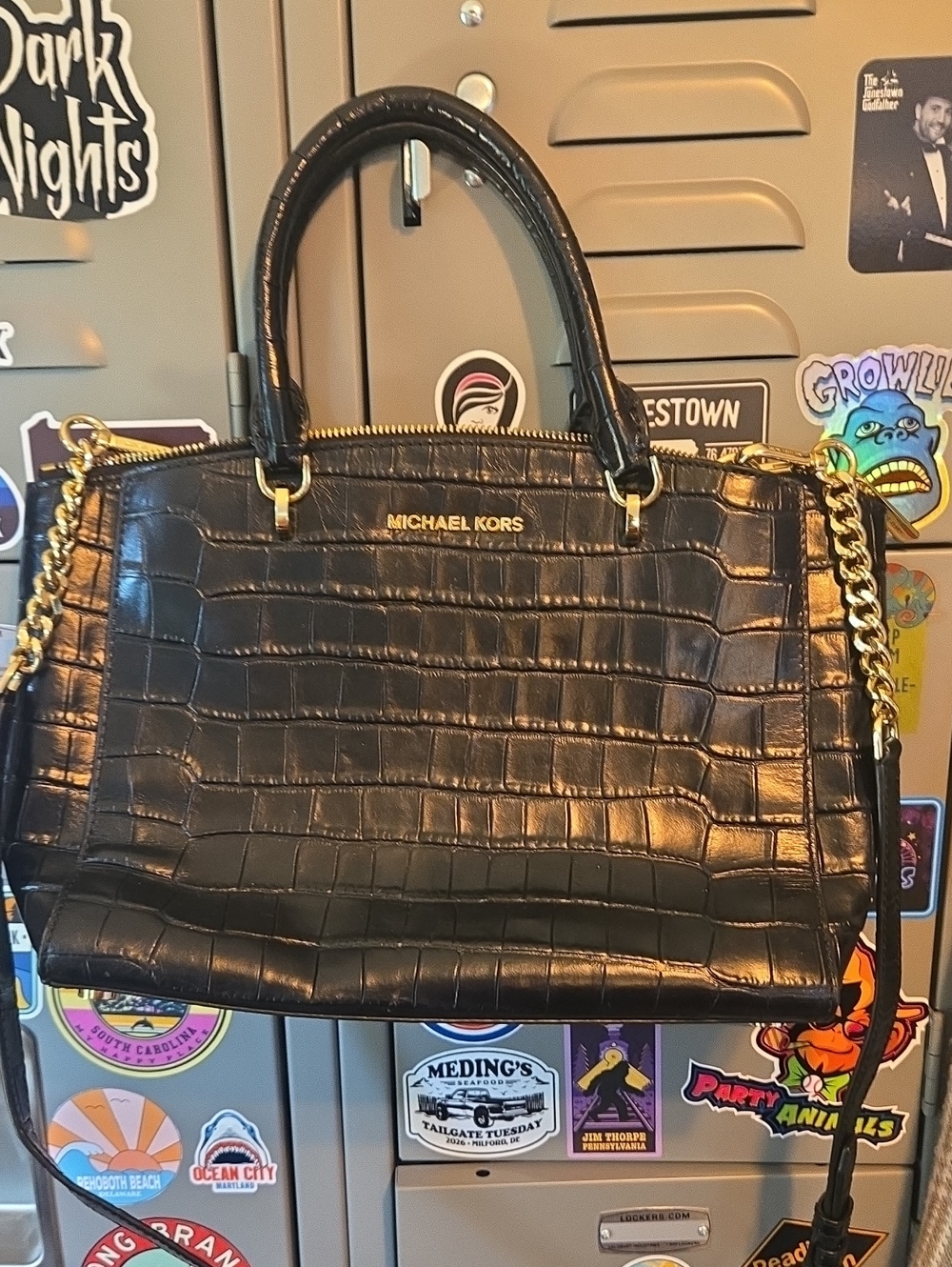 Michael Kors Black Croc-Embossed Leather Satchel